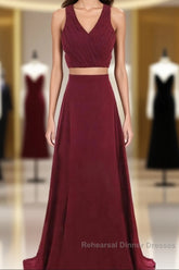 Two Piece Semi Formal Prom Dresses A-Line Floor-length Burgundy Chiffon Semi Formal Prom Dress
